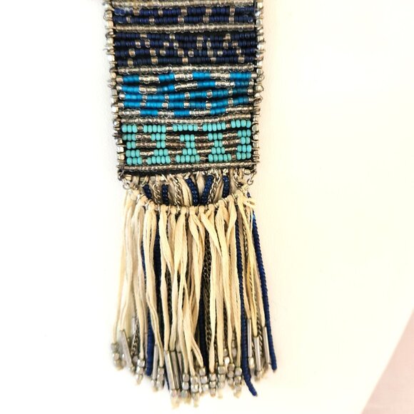 Chico's Boho Beaded Necklace Tassel Pendant Ethnic Wood Acrylic Cream Blue Green - Picture 2 of 11